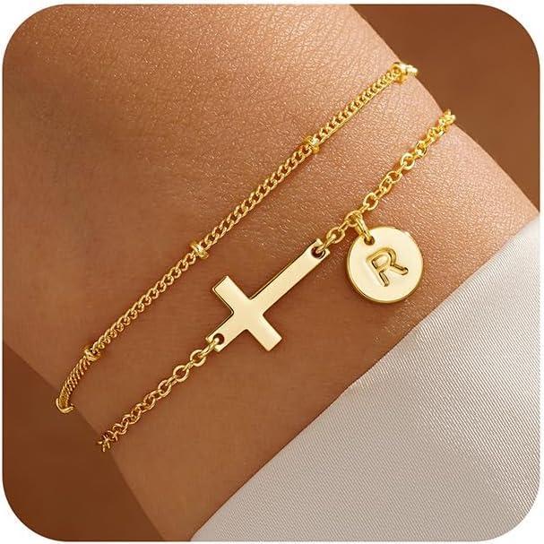 imageM MOOHAM Easter Basket Stuffers  Easter Gifts for Kids Women Layered Initial Cross Bracelets for Women Teen Girls 14KGoldPlated Dainty Disc Letter AZ Cross Bracelet Baptism Christian GiftsR