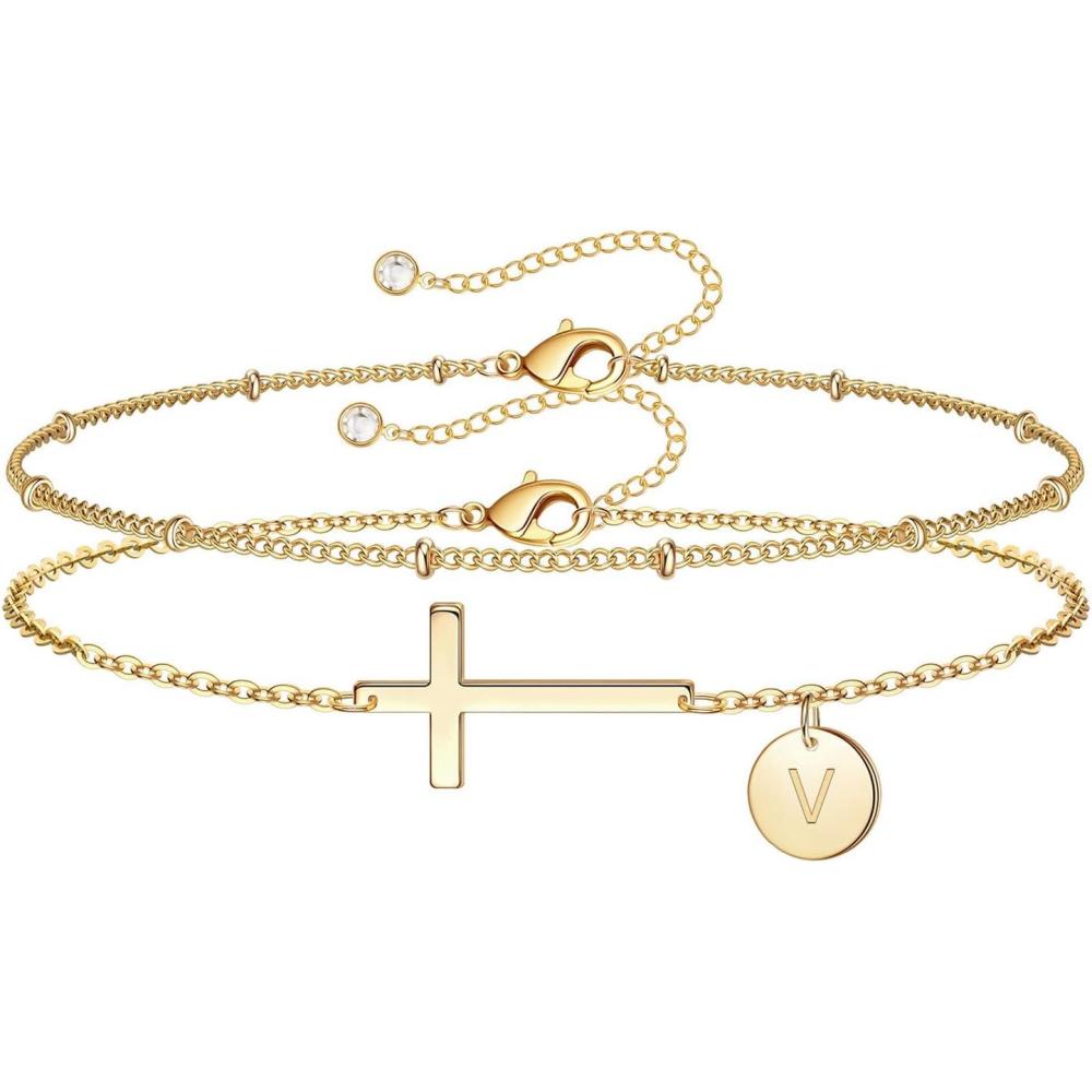 imageM MOOHAM Easter Basket Stuffers Easter Gifts for Kids Women Layered Initial Cross Bracelets for Women Teen Girls 14KGoldPlated Dainty Disc Letter AZ Cross Bracelet Baptism Christian GiftsV