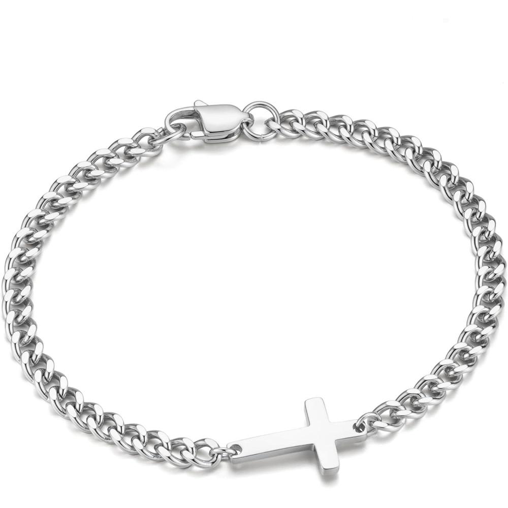 imageM MOOHAM Easter Gifts for Men Easter Basket Stuffers Silver14KGoldPlated Cross Bracelet for Men Sturdy Stainless Steel Cross Chain Bracelet Cuban Link Chain Bracelets Religious Christian GiftsSilver Plated Cuban Chain Cross