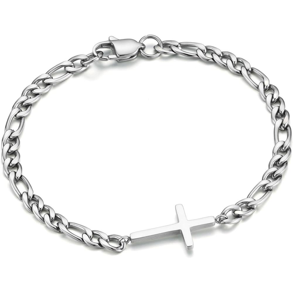 imageM MOOHAM Easter Gifts for Men Easter Basket Stuffers Silver14KGoldPlated Cross Bracelet for Men Sturdy Stainless Steel Cross Chain Bracelet Cuban Link Chain Bracelets Religious Christian GiftsSilver Plated Figaro Chain Cross