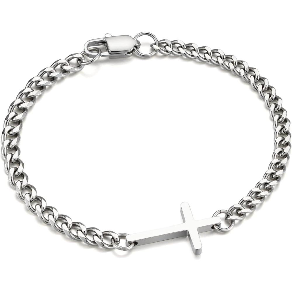 imageM MOOHAM Easter Gifts for Men Easter Basket Stuffers Silver14KGoldPlated Cross Bracelet for Men Sturdy Stainless Steel Cross Chain Bracelet Cuban Link Chain Bracelets Religious Christian GiftsSilver Plated Cuban Link Chain Cross