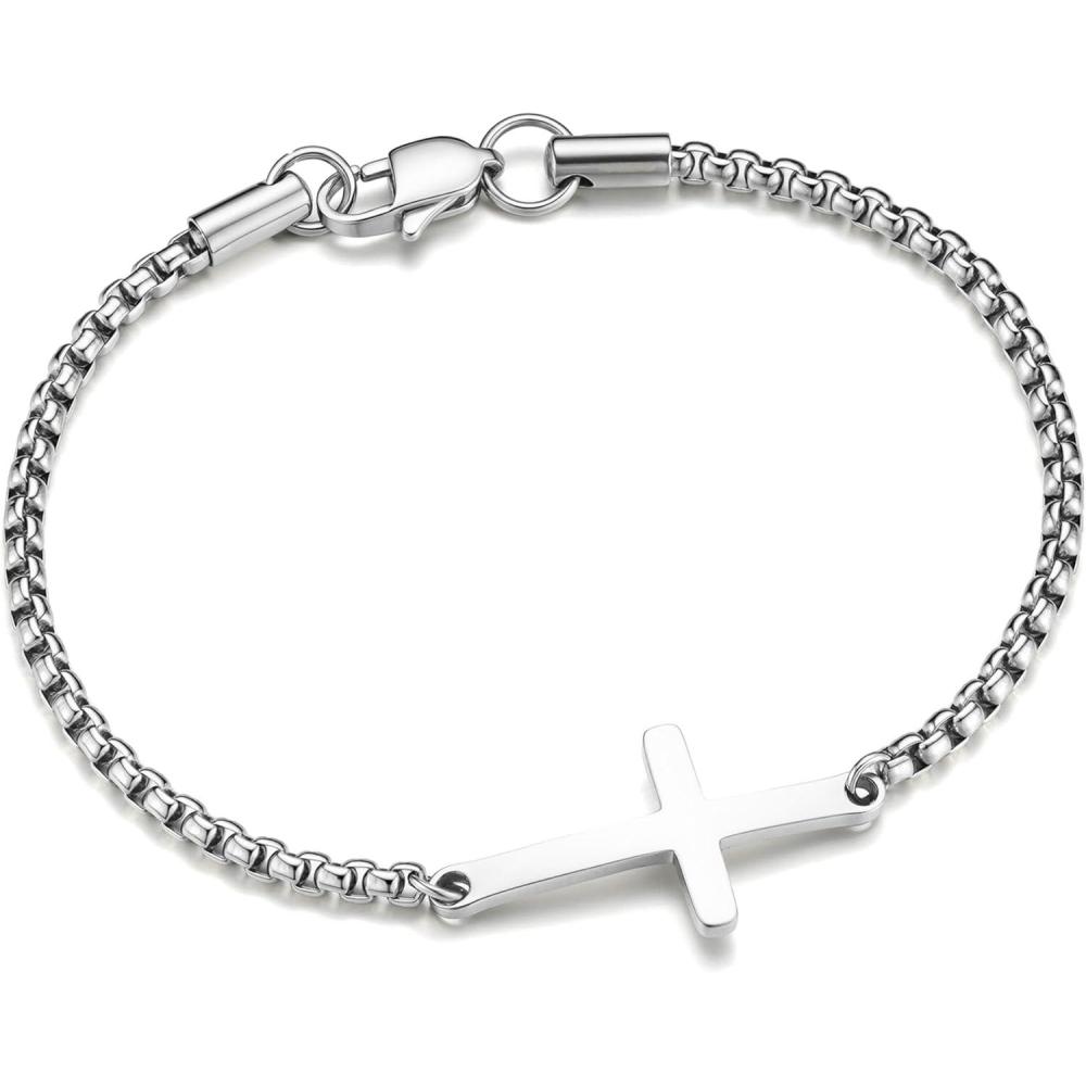 imageM MOOHAM Easter Gifts for Men Easter Basket Stuffers Silver14KGoldPlated Cross Bracelet for Men Sturdy Stainless Steel Cross Chain Bracelet Cuban Link Chain Bracelets Religious Christian GiftsSilver Plated Box Chain Cross