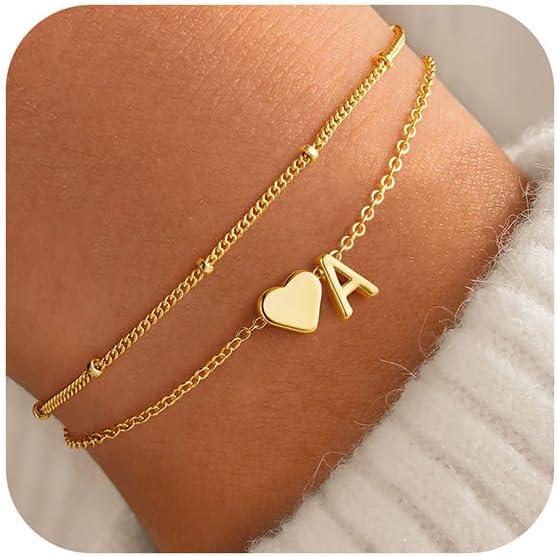imageM MOOHAM Initial Bracelets for Women 14K Gold Plated Heart Initial Letter AZ Bracelet Layered Link Charm Bracelets Womens Jewelry Birthday GiftsA