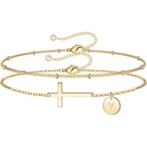 M MOOHAM Easter Basket Stuffers – Easter Gifts for Kids Women, Layered Initial Cross Bracelets for Women Teen Girls 14K-Gold-Plated Dainty Disc Letter A-Z Cross Bracelet Baptism Christian Gifts(Y)