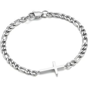 M MOOHAM Easter Gifts for Men Easter Basket Stuffers, Silver/14K-Gold-Plated Cross Bracelet for Men Sturdy Stainless Steel Cross Chain Bracelet Cuban Link Chain Bracelets Religious Christian Gifts(Silver Plated Figaro Chain & Cross)
