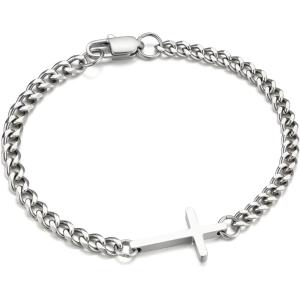 M MOOHAM Easter Gifts for Men Easter Basket Stuffers, Silver/14K-Gold-Plated Cross Bracelet for Men Sturdy Stainless Steel Cross Chain Bracelet Cuban Link Chain Bracelets Religious Christian Gifts(Silver Plated Cuban Link Chain & Cross)
