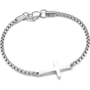 M MOOHAM Easter Gifts for Men Easter Basket Stuffers, Silver/14K-Gold-Plated Cross Bracelet for Men Sturdy Stainless Steel Cross Chain Bracelet Cuban Link Chain Bracelets Religious Christian Gifts(Silver Plated Box Chain & Cross)