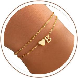 M MOOHAM Initial Bracelets for Women – 14K Gold Plated Heart Initial Letter A-Z Bracelet, Layered Link Charm Bracelets, Womens Jewelry Birthday Gifts(B)