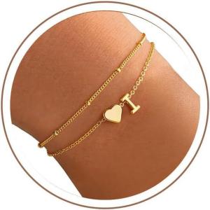 M MOOHAM Initial Bracelets for Women – 14K Gold Plated Heart Initial Letter A-Z Bracelet, Layered Link Charm Bracelets, Womens Jewelry Birthday Gifts(I)