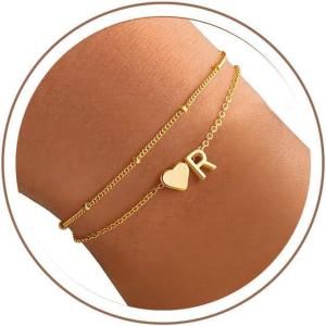 M MOOHAM Initial Bracelets for Women – 14K Gold Plated Heart Initial Letter A-Z Bracelet, Layered Link Charm Bracelets, Womens Jewelry Birthday Gifts(R)