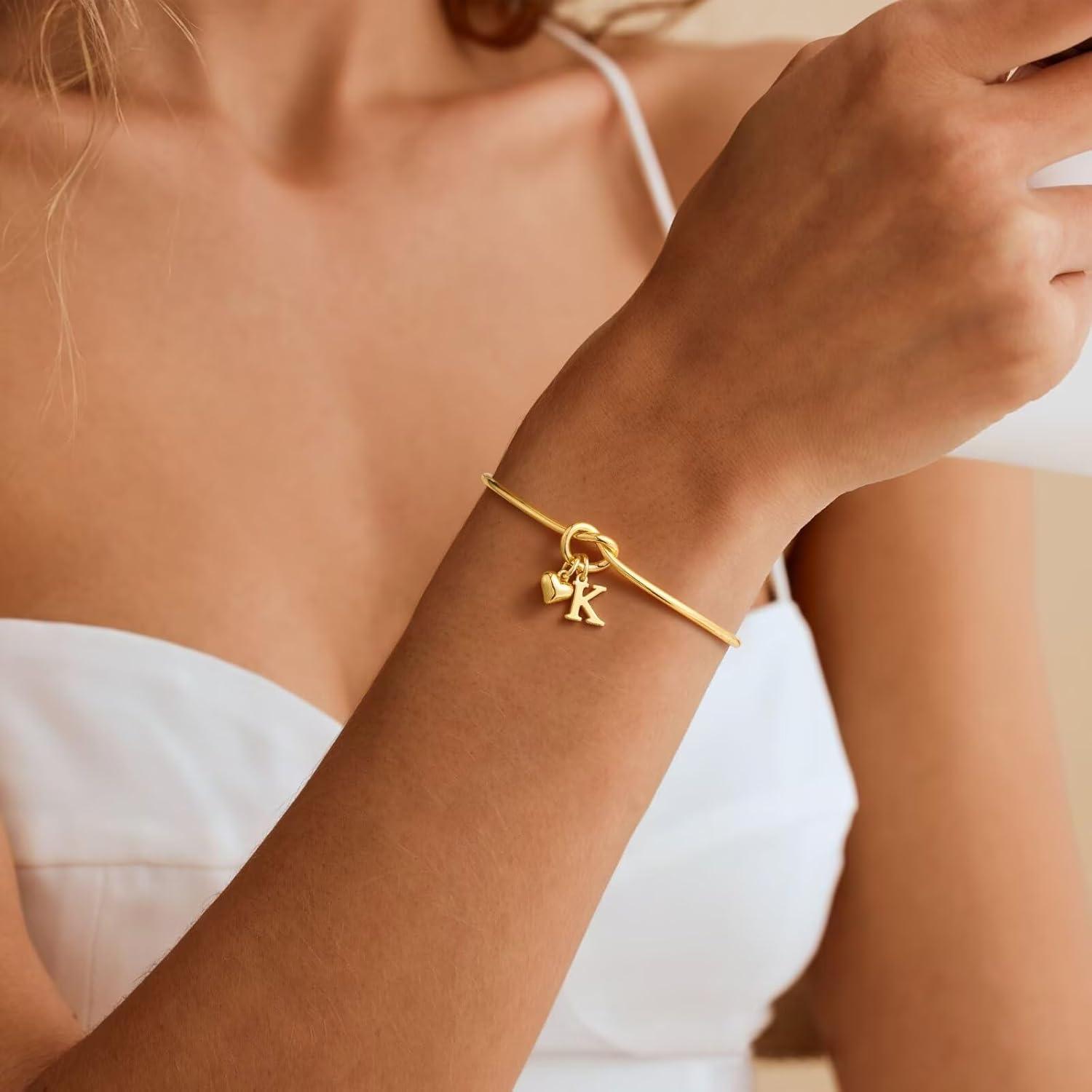 imageM MOOHAM Easter Gifts for Teens Knot Initial Bracelets for Women 14KGoldPlated Dainty Initial Bracelets for Women Heart Letter Bracelet Jewelry Personalized Bridesmaid Proposal GiftsO
