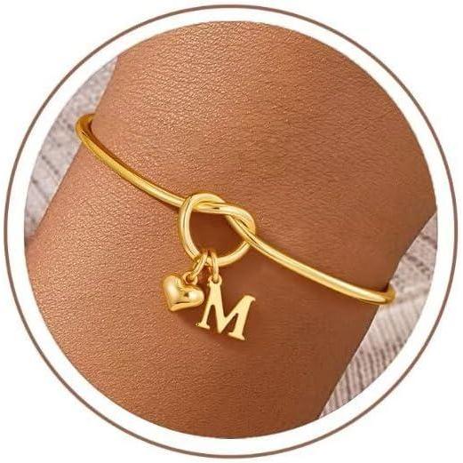 imageM MOOHAM Easter Gifts for Teens Knot Initial Bracelets for Women 14KGoldPlated Dainty Initial Bracelets for Women Heart Letter Bracelet Jewelry Personalized Bridesmaid Proposal GiftsM