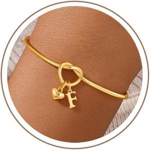 M MOOHAM Easter Gifts for Teens – Knot Initial Bracelets for Women 14K-Gold-Plated Dainty Initial Bracelets for Women Heart Letter Bracelet Jewelry Personalized Bridesmaid Proposal Gifts(F)
