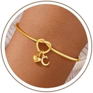 M MOOHAM Easter Gifts for Teens – Knot Initial Bracelets for Women 14K-Gold-Plated Dainty Initial Bracelets for Women Heart Letter Bracelet Jewelry Personalized Bridesmaid Proposal Gifts(C)