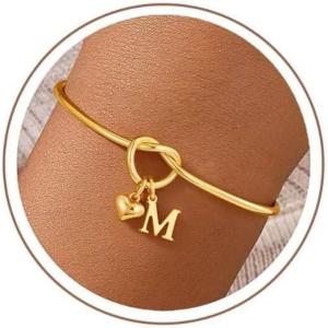 M MOOHAM Easter Gifts for Teens – Knot Initial Bracelets for Women 14K-Gold-Plated Dainty Initial Bracelets for Women Heart Letter Bracelet Jewelry Personalized Bridesmaid Proposal Gifts(M)
