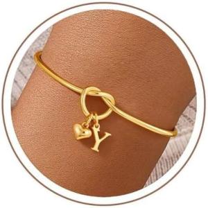 M MOOHAM Easter Gifts for Teens – Knot Initial Bracelets for Women 14K-Gold-Plated Dainty Initial Bracelets for Women Heart Letter Bracelet Jewelry Personalized Bridesmaid Proposal Gifts(Y)