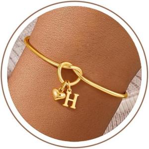 M MOOHAM Easter Gifts for Teens – Knot Initial Bracelets for Women 14K-Gold-Plated Dainty Initial Bracelets for Women Heart Letter Bracelet Jewelry Personalized Bridesmaid Proposal Gifts(H)
