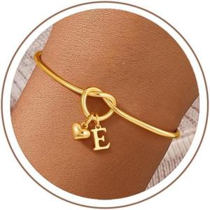 M MOOHAM Easter Gifts for Teens – Knot Initial Bracelets for Women 14K-Gold-Plated Dainty Initial Bracelets for Women Heart Letter Bracelet Jewelry Personalized Bridesmaid Proposal Gifts(E)