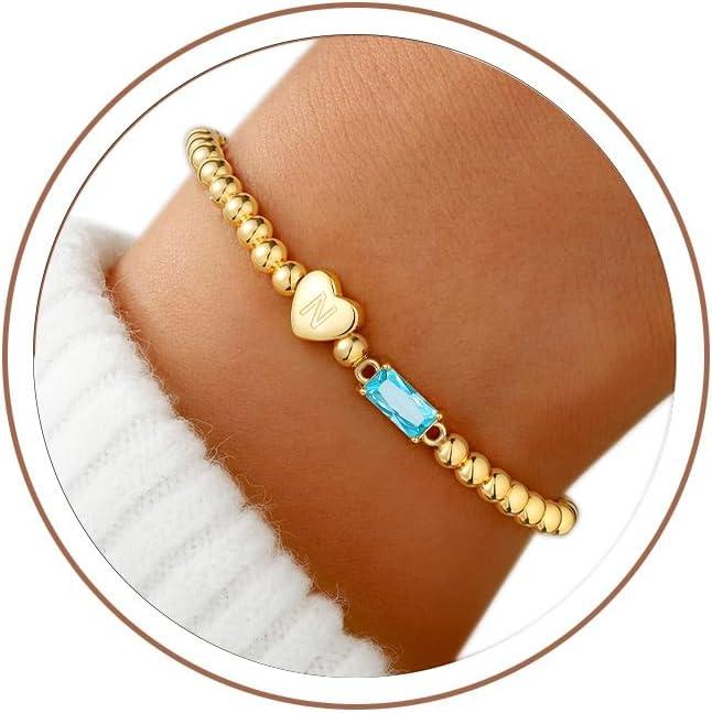 imageM MOOHAM Easter Basket Stuffers for Teens Initial Birthstone Bracelets for Women Teen Girls 14KGoldPlated Dainty Heart Initial Bracelets for Women Stretch Beaded Bracelet Jewelry Easter Gifts03MarchAquamarine Light Blue