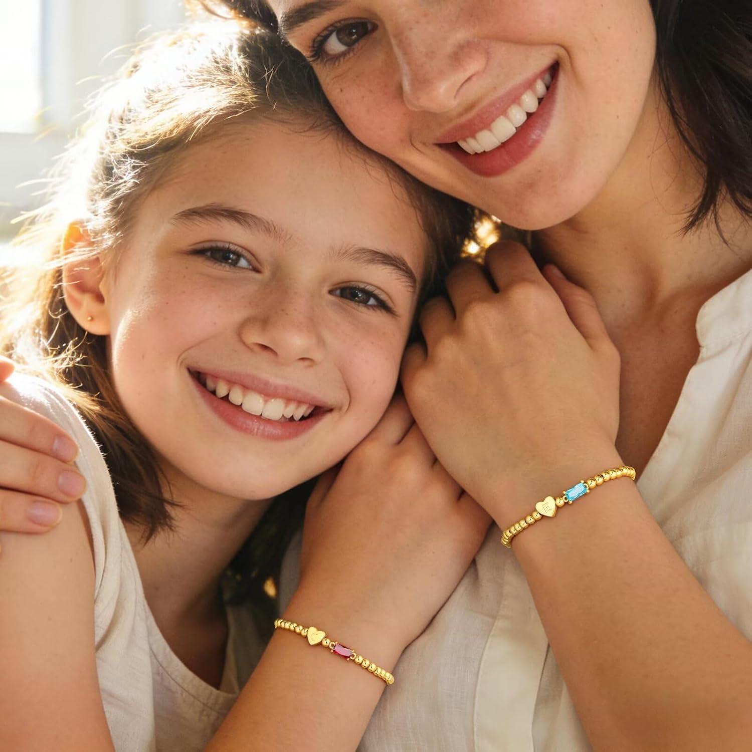 imageM MOOHAM Easter Basket Stuffers for Teens Initial Birthstone Bracelets for Women Teen Girls 14KGoldPlated Dainty Heart Initial Bracelets for Women Stretch Beaded Bracelet Jewelry Easter Gifts03MarchAquamarine Light Blue