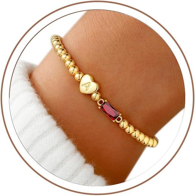 imageM MOOHAM Easter Basket Stuffers for Teens Initial Birthstone Bracelets for Women Teen Girls 14KGoldPlated Dainty Heart Initial Bracelets for Women Stretch Beaded Bracelet Jewelry Easter Gifts01JanuaryGarnet Red