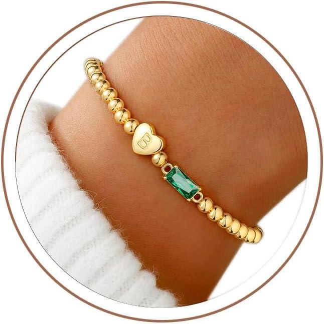 imageM MOOHAM Easter Basket Stuffers for Teens Initial Birthstone Bracelets for Women Teen Girls 14KGoldPlated Dainty Heart Initial Bracelets for Women Stretch Beaded Bracelet Jewelry Easter Gifts05MayEmerald Green