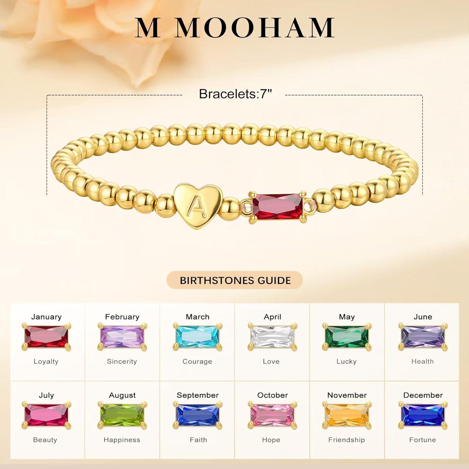 imageM MOOHAM Easter Basket Stuffers for Teens Initial Birthstone Bracelets for Women Teen Girls 14KGoldPlated Dainty Heart Initial Bracelets for Women Stretch Beaded Bracelet Jewelry Easter Gifts01JanuaryGarnet Red