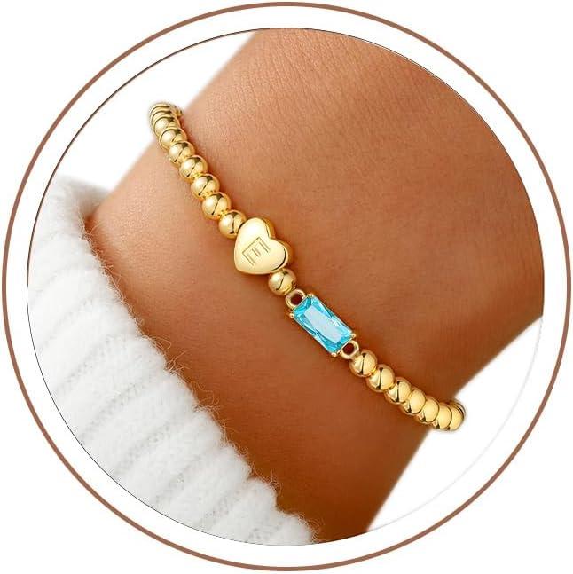 imageM MOOHAM Easter Basket Stuffers for Teens Initial Birthstone Bracelets for Women Teen Girls 14KGoldPlated Dainty Heart Initial Bracelets for Women Stretch Beaded Bracelet Jewelry Easter Gifts03MarchAquamarine Light Blue