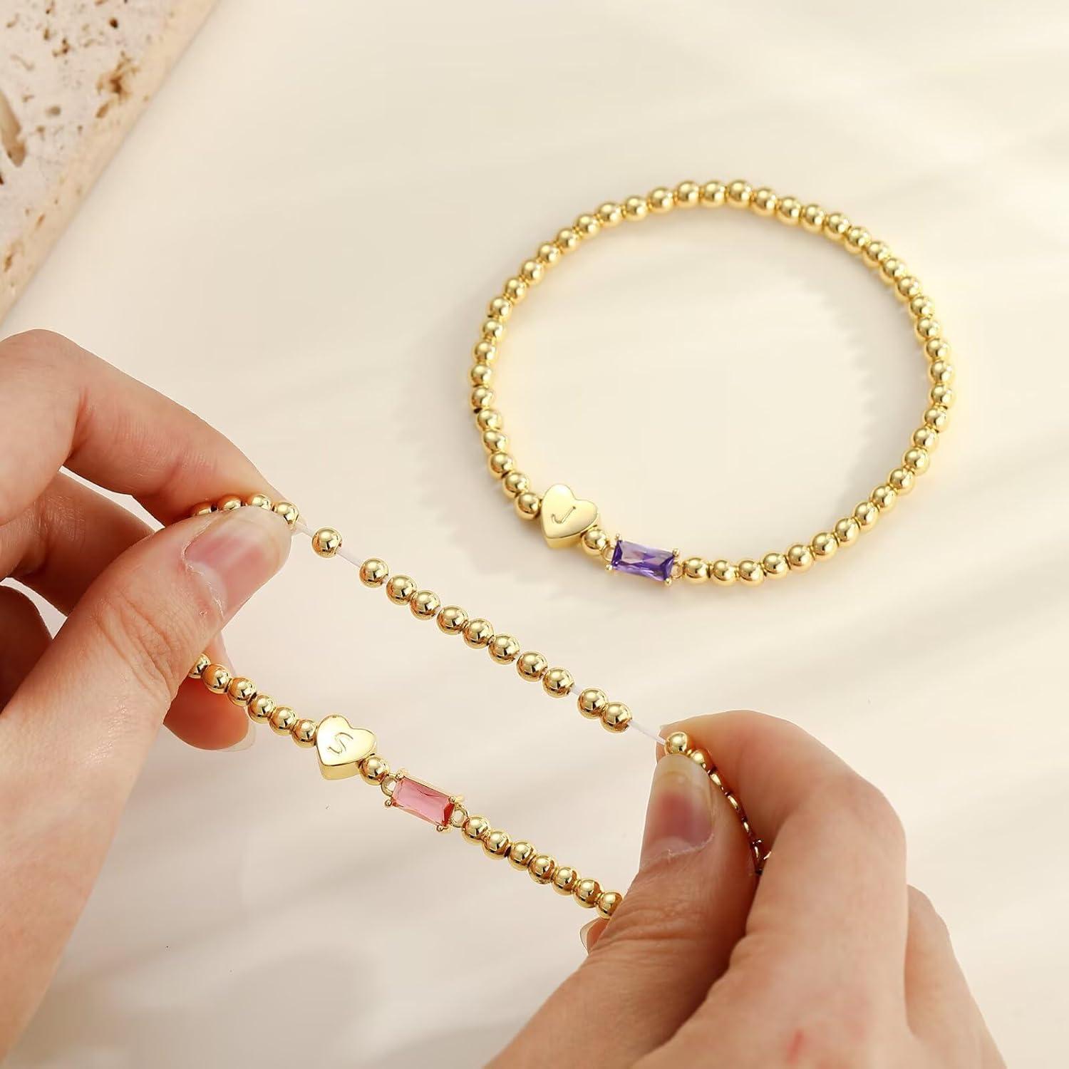 imageM MOOHAM Easter Basket Stuffers for Teens Initial Birthstone Bracelets for Women Teen Girls 14KGoldPlated Dainty Heart Initial Bracelets for Women Stretch Beaded Bracelet Jewelry Easter Gifts05MayEmerald Green
