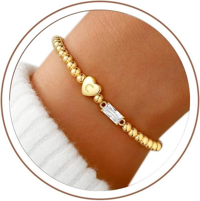 imageM MOOHAM Easter Basket Stuffers for Teens Initial Birthstone Bracelets for Women Teen Girls 14KGoldPlated Dainty Heart Initial Bracelets for Women Stretch Beaded Bracelet Jewelry Easter Gifts04AprilClear CZ