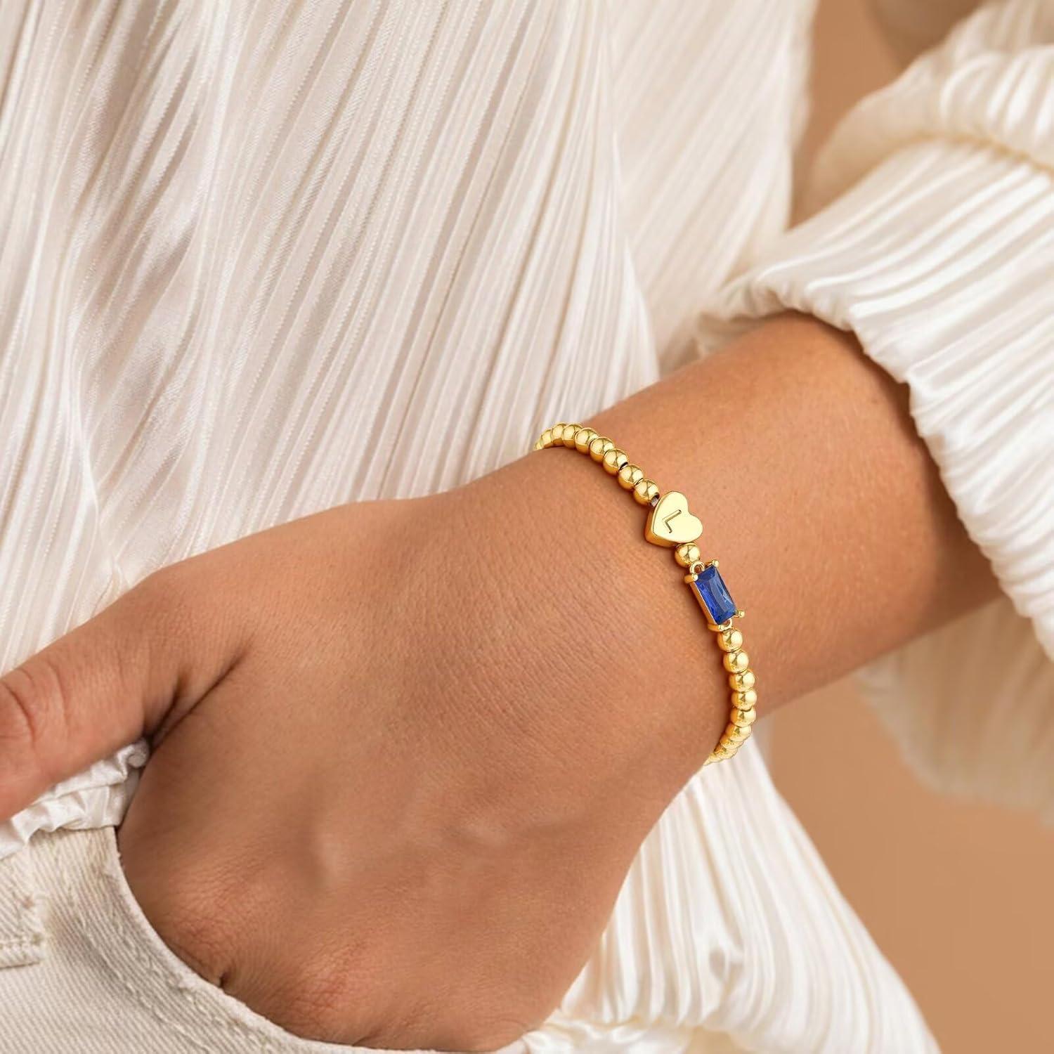 imageM MOOHAM Easter Basket Stuffers for Teens Initial Birthstone Bracelets for Women Teen Girls 14KGoldPlated Dainty Heart Initial Bracelets for Women Stretch Beaded Bracelet Jewelry Easter Gifts05MayEmerald Green