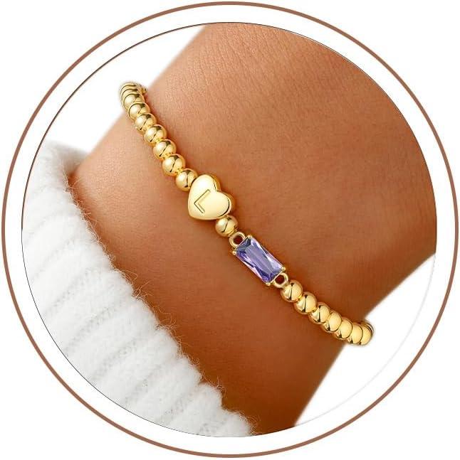 imageM MOOHAM Easter Basket Stuffers for Teens Initial Birthstone Bracelets for Women Teen Girls 14KGoldPlated Dainty Heart Initial Bracelets for Women Stretch Beaded Bracelet Jewelry Easter Gifts06JuneAlexandrite Light Purple