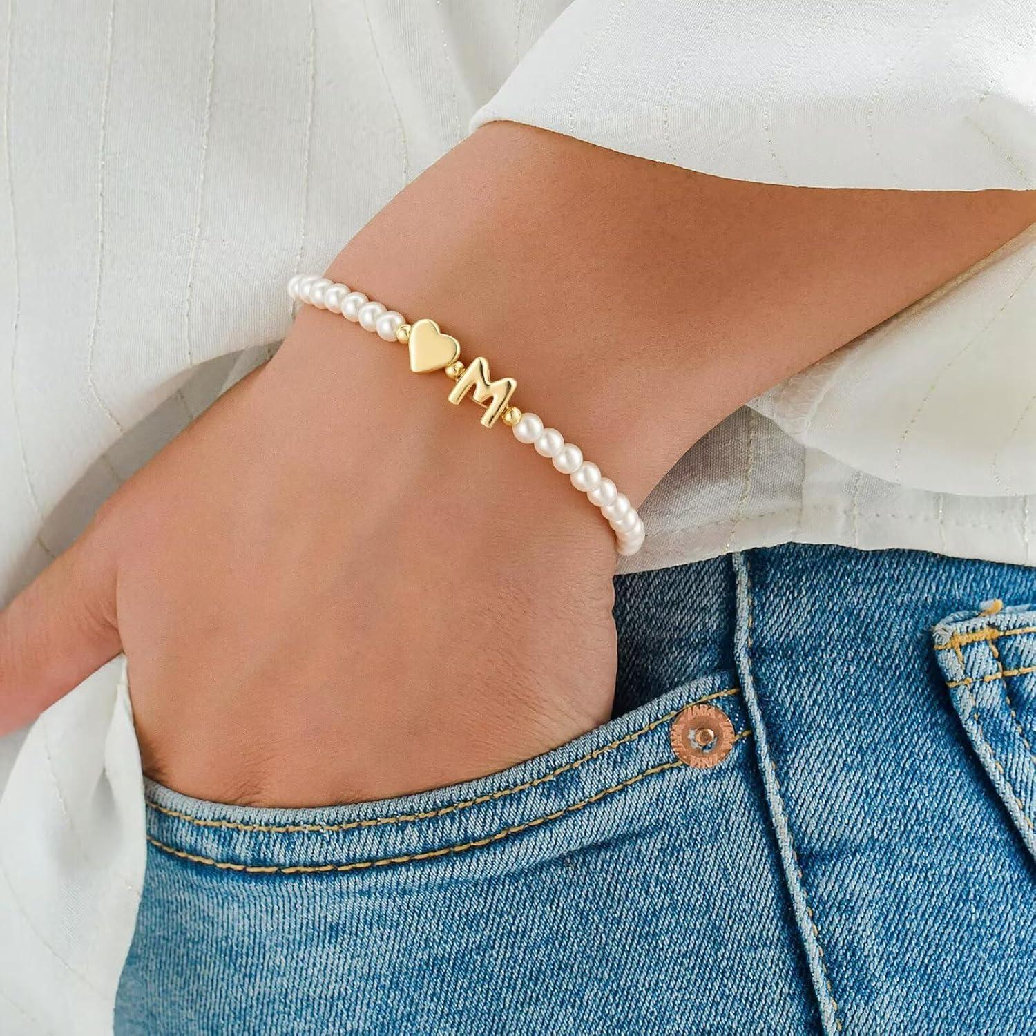 imageM MOOHAM Pearl Initial Bracelet 14k Gold Plated Heart Initial Letter AZ beaded bracelets for women Trendy Stretch Pearl Beaded Bracelets Charm Bracelet womens Jewelry Personalized Birthday GiftT
