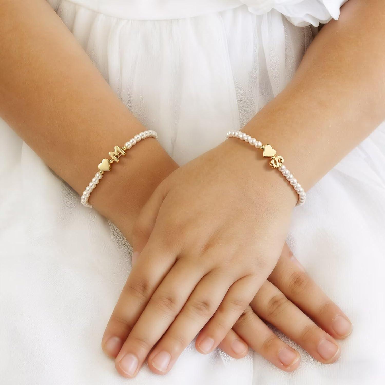 imageM MOOHAM Pearl Initial Bracelet 14k Gold Plated Heart Initial Letter AZ beaded bracelets for women Trendy Stretch Pearl Beaded Bracelets Charm Bracelet womens Jewelry Personalized Birthday GiftE