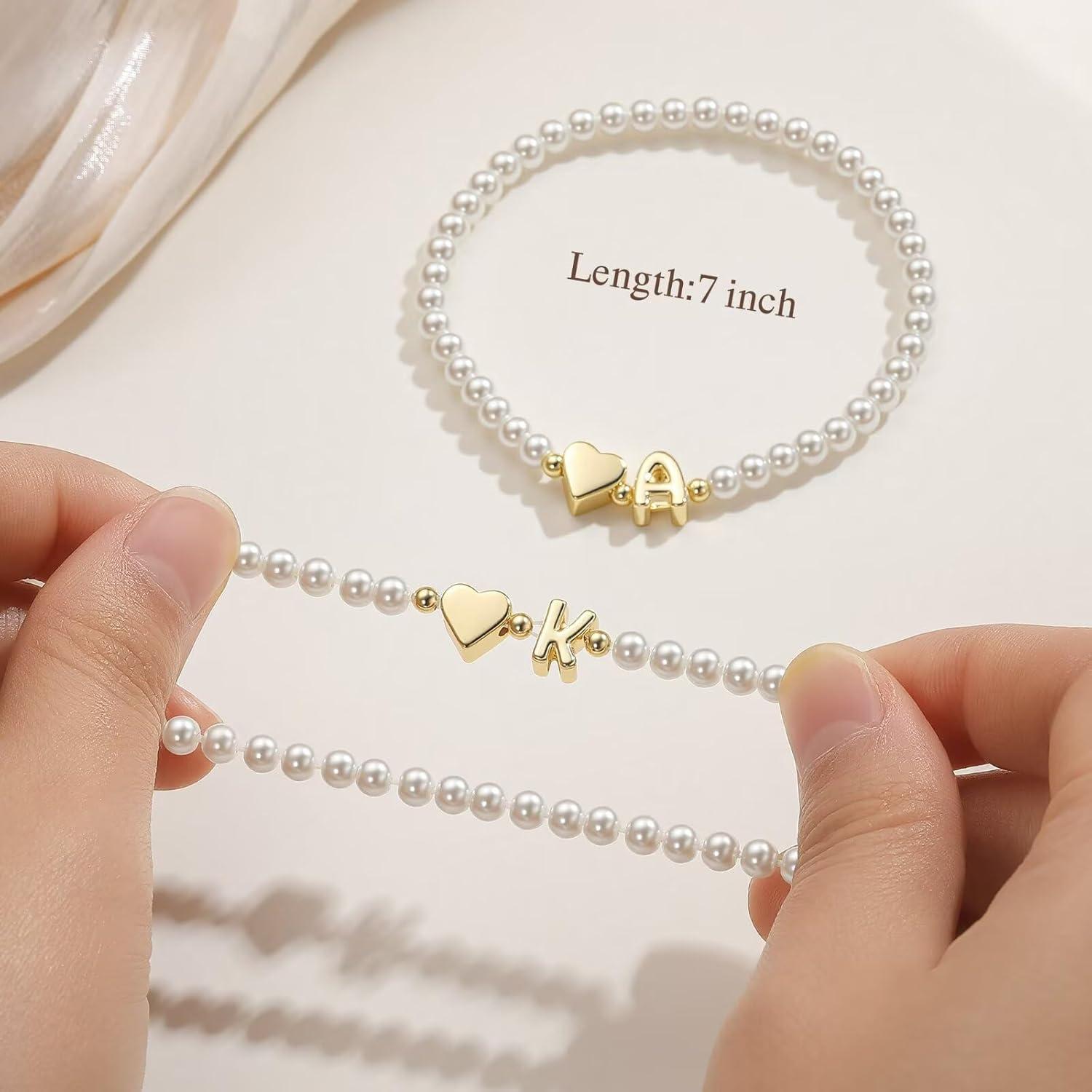imageM MOOHAM Pearl Initial Bracelet 14k Gold Plated Heart Initial Letter AZ beaded bracelets for women Trendy Stretch Pearl Beaded Bracelets Charm Bracelet womens Jewelry Personalized Birthday GiftS