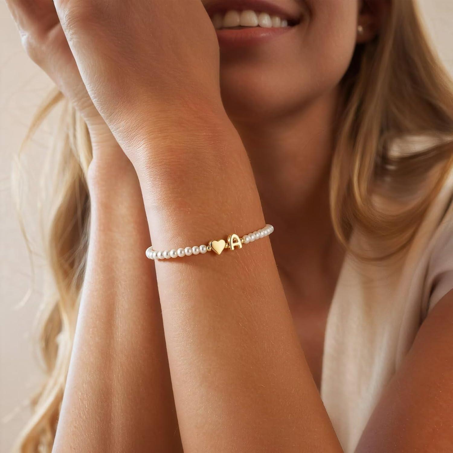 imageM MOOHAM Pearl Initial Bracelet 14k Gold Plated Heart Initial Letter AZ beaded bracelets for women Trendy Stretch Pearl Beaded Bracelets Charm Bracelet womens Jewelry Personalized Birthday GiftC