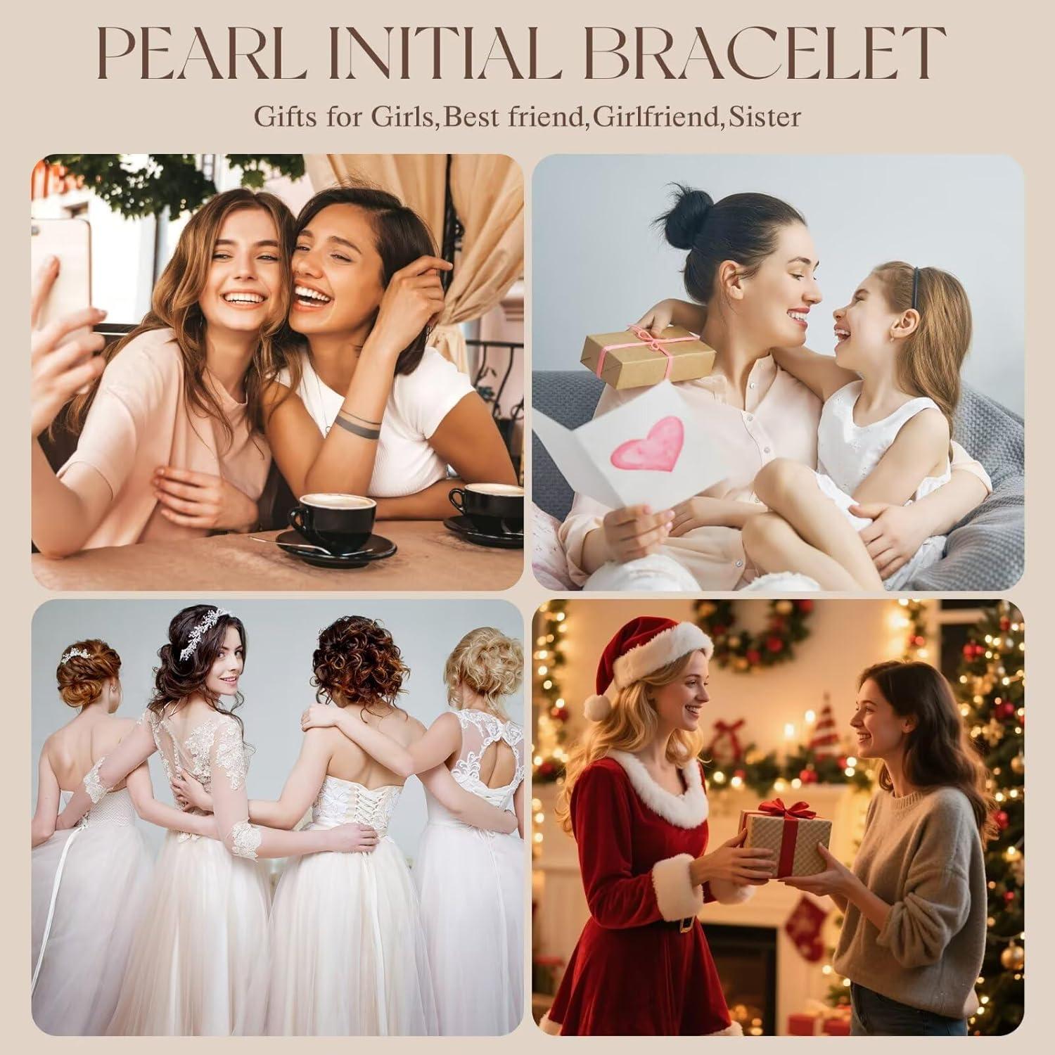imageM MOOHAM Pearl Initial Bracelet 14k Gold Plated Heart Initial Letter AZ beaded bracelets for women Trendy Stretch Pearl Beaded Bracelets Charm Bracelet womens Jewelry Personalized Birthday GiftG