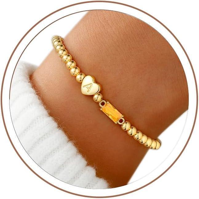 imageM MOOHAM Easter Basket Stuffers for Teens Initial Birthstone Bracelets for Women Teen Girls 14KGoldPlated Dainty Heart Initial Bracelets for Women Stretch Beaded Bracelet Jewelry Easter Gifts11NovemberCitrine Yellow