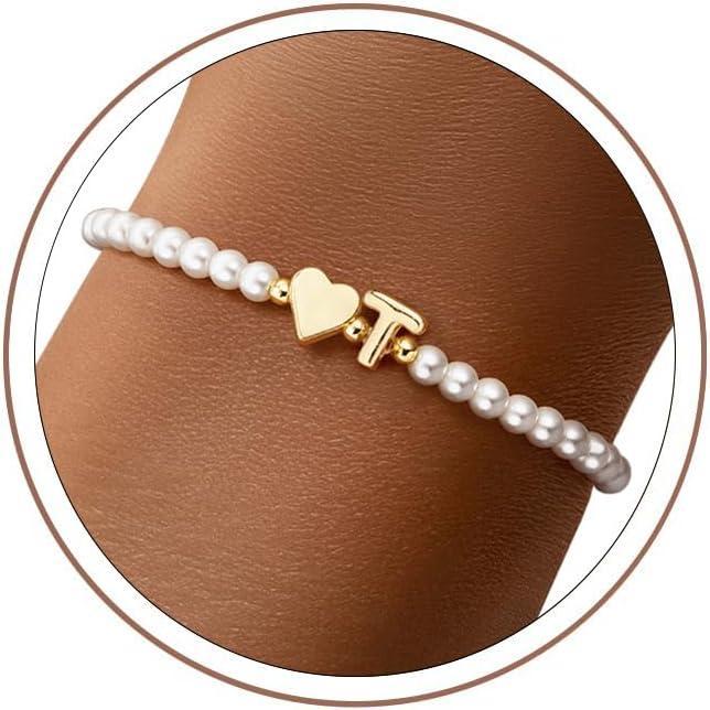 imageM MOOHAM Pearl Initial Bracelet 14k Gold Plated Heart Initial Letter AZ beaded bracelets for women Trendy Stretch Pearl Beaded Bracelets Charm Bracelet womens Jewelry Personalized Birthday GiftT