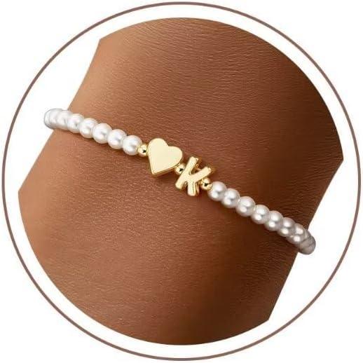 imageM MOOHAM Pearl Initial Bracelet 14k Gold Plated Heart Initial Letter AZ beaded bracelets for women Trendy Stretch Pearl Beaded Bracelets Charm Bracelet womens Jewelry Personalized Birthday GiftK