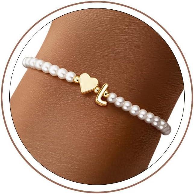 imageM MOOHAM Pearl Initial Bracelet 14k Gold Plated Heart Initial Letter AZ beaded bracelets for women Trendy Stretch Pearl Beaded Bracelets Charm Bracelet womens Jewelry Personalized Birthday GiftL