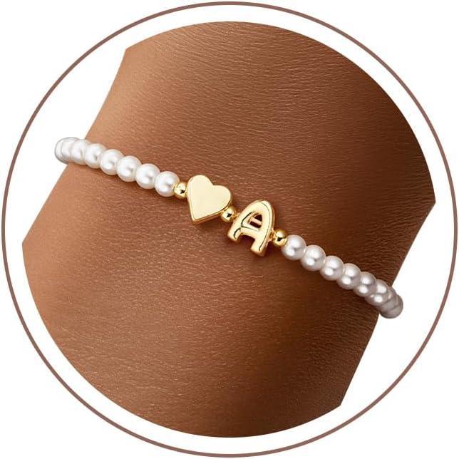 imageM MOOHAM Pearl Initial Bracelet 14k Gold Plated Heart Initial Letter AZ beaded bracelets for women Trendy Stretch Pearl Beaded Bracelets Charm Bracelet womens Jewelry Personalized Birthday GiftA