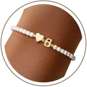 M MOOHAM Pearl Initial Bracelet – 14k Gold Plated Heart Initial Letter A-Z beaded bracelets for women Trendy, Stretch Pearl Beaded Bracelets Charm Bracelet, womens Jewelry Personalized Birthday Gift(B)