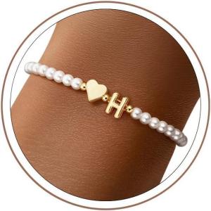 M MOOHAM Pearl Initial Bracelet – 14k Gold Plated Heart Initial Letter A-Z beaded bracelets for women Trendy, Stretch Pearl Beaded Bracelets Charm Bracelet, womens Jewelry Personalized Birthday Gift(H)