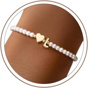 M MOOHAM Pearl Initial Bracelet – 14k Gold Plated Heart Initial Letter A-Z beaded bracelets for women Trendy, Stretch Pearl Beaded Bracelets Charm Bracelet, womens Jewelry Personalized Birthday Gift(L)