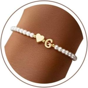 M MOOHAM Pearl Initial Bracelet – 14k Gold Plated Heart Initial Letter A-Z beaded bracelets for women Trendy, Stretch Pearl Beaded Bracelets Charm Bracelet, womens Jewelry Personalized Birthday Gift(G)