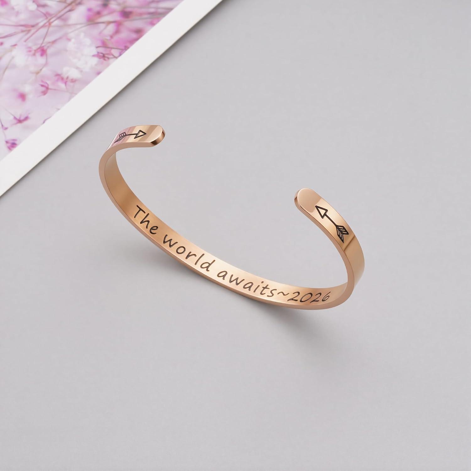 imageM MOOHAM Graduation Gifts for Women Her Him 2026 Inspirational Graduation Bracelets Class of 2026 High School College Graduation Gifts for Women Her with Graduation BoxWith BoxThe world awaits 2026Rose Gold
