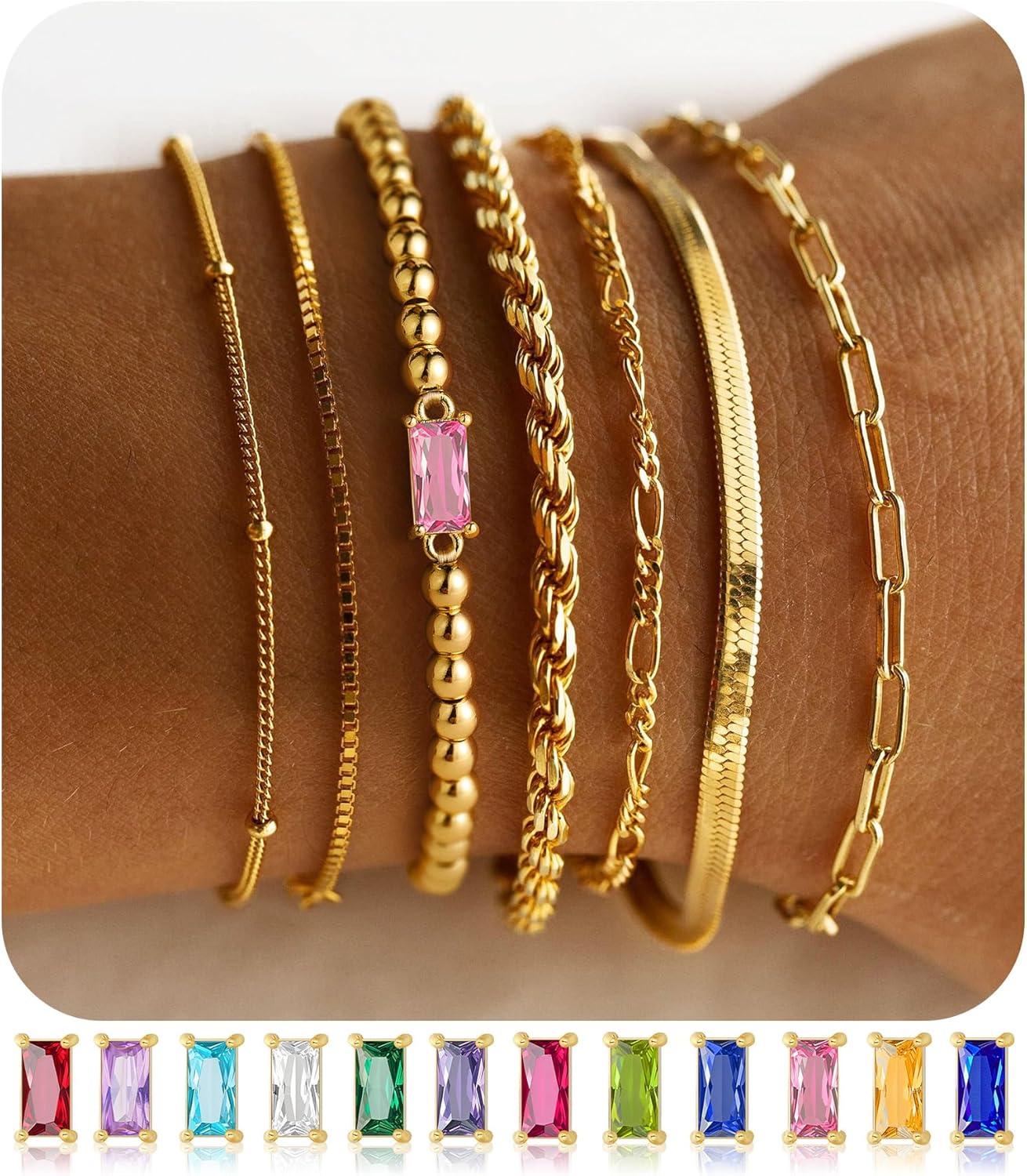 imageM MOOHAM Mothers Day Gifts Gold Birthstone Bracelets Stack for Women 14K Real Gold Plated Beaded Bracelets Rope Paperclip Chain Stackable Bracelet Non Tarnish Friendship Birthday Jewelry Gifts10OctoberTourmaline