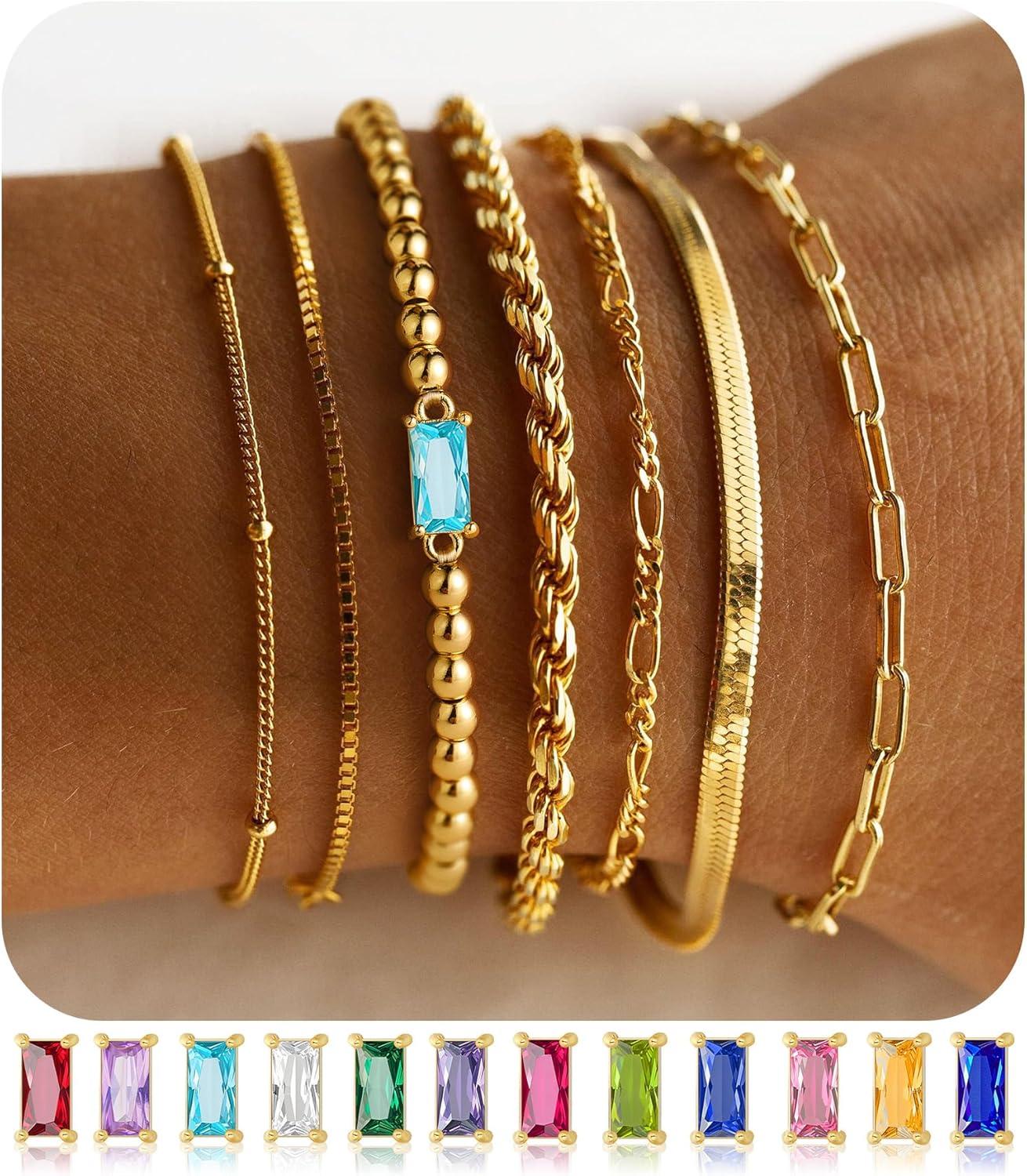 imageM MOOHAM Mothers Day Gifts Gold Birthstone Bracelets Stack for Women 14K Real Gold Plated Beaded Bracelets Rope Paperclip Chain Stackable Bracelet Non Tarnish Friendship Birthday Jewelry Gifts03MarchAquamarine