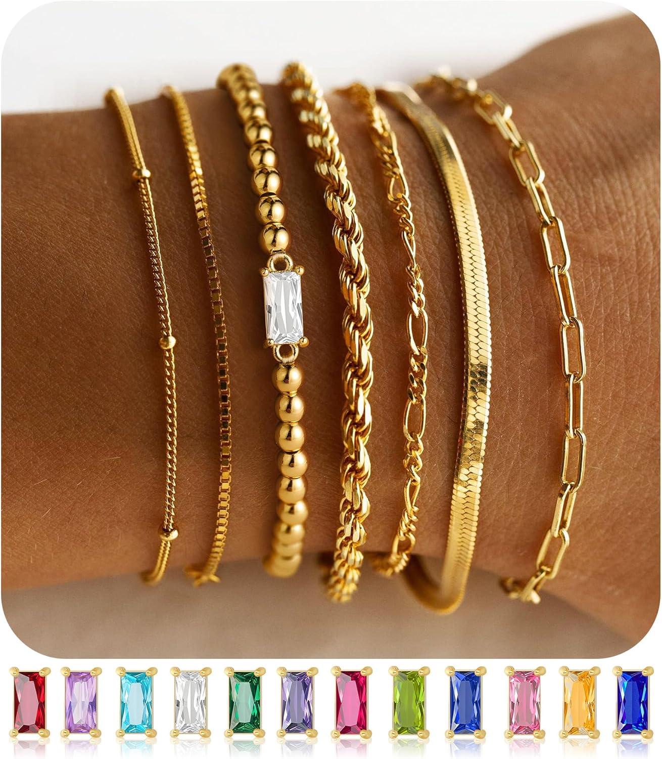 imageM MOOHAM Mothers Day Gifts Gold Birthstone Bracelets Stack for Women 14K Real Gold Plated Beaded Bracelets Rope Paperclip Chain Stackable Bracelet Non Tarnish Friendship Birthday Jewelry Gifts04AprilDiamond
